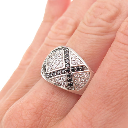 925 Sterling Silver Round-Cut Black & White C Z Zig Zag Ring Size 6.75