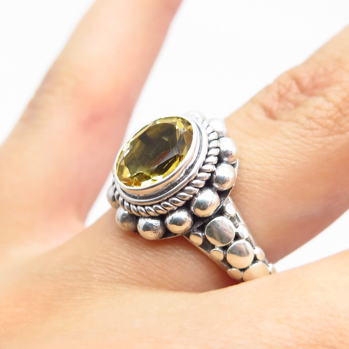 925 Sterling Silver Vintage Real Citrine Gem Beaded Oval Ring Size 6