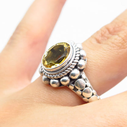 925 Sterling Silver Vintage Real Citrine Gem Beaded Oval Ring Size 6