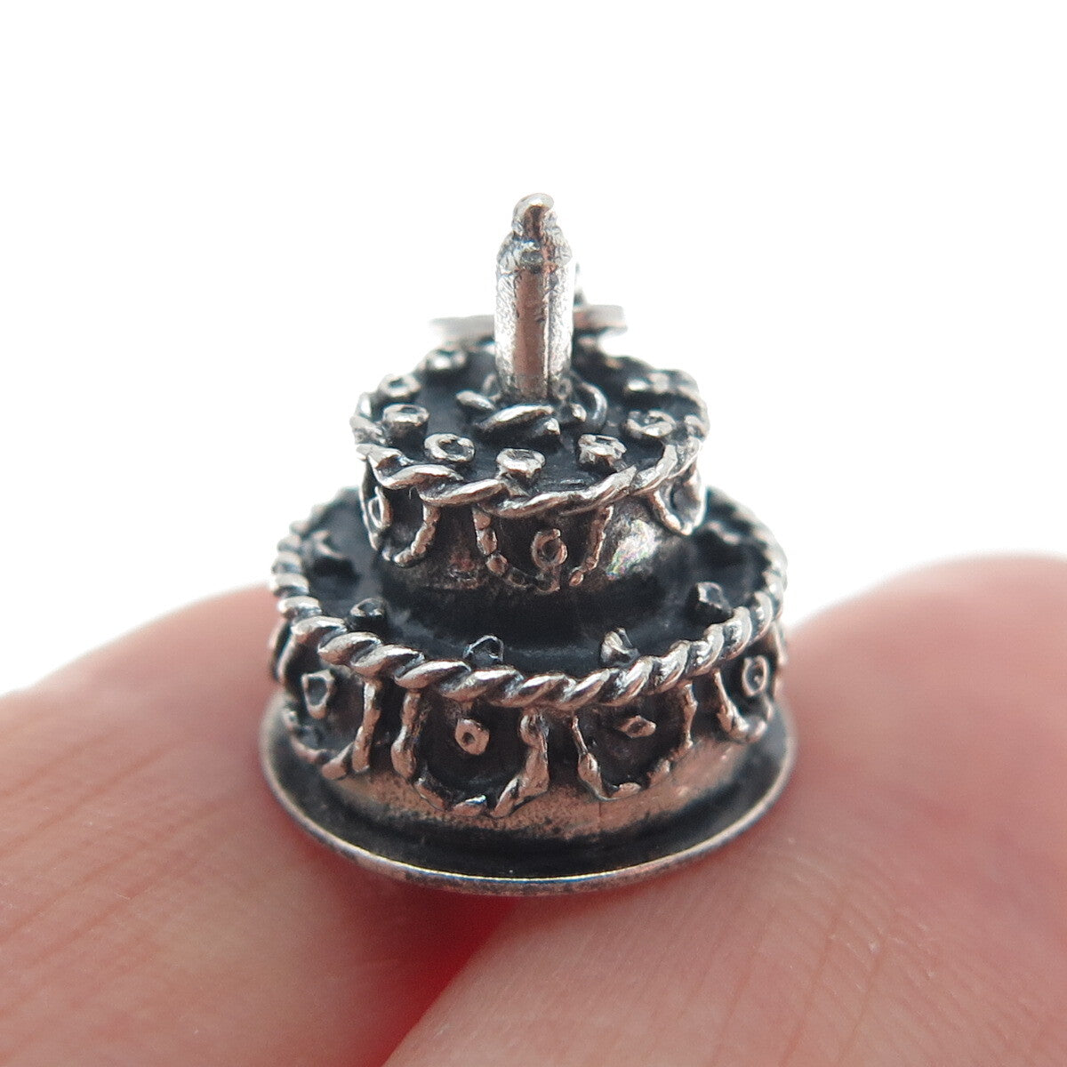 BEAU 925 Sterling Silver Antique Birthday Cake Oxidized Mini 3D Charm Pendant