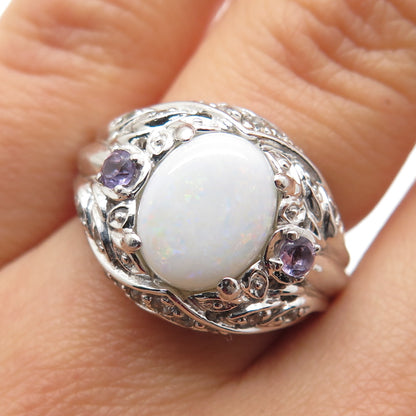 925 Sterling Silver Real Opal Amethyst & White Topaz Floral Ring Size 6.25