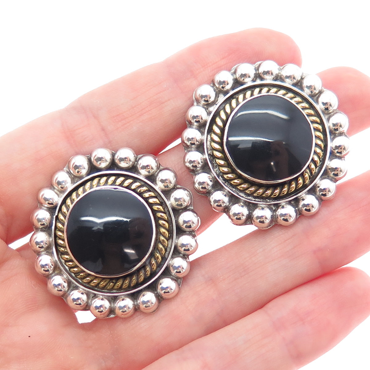 925 Sterling 2-Tone Vintage Mexico Black Onyx Beaded Oxidized Clip On Earrings