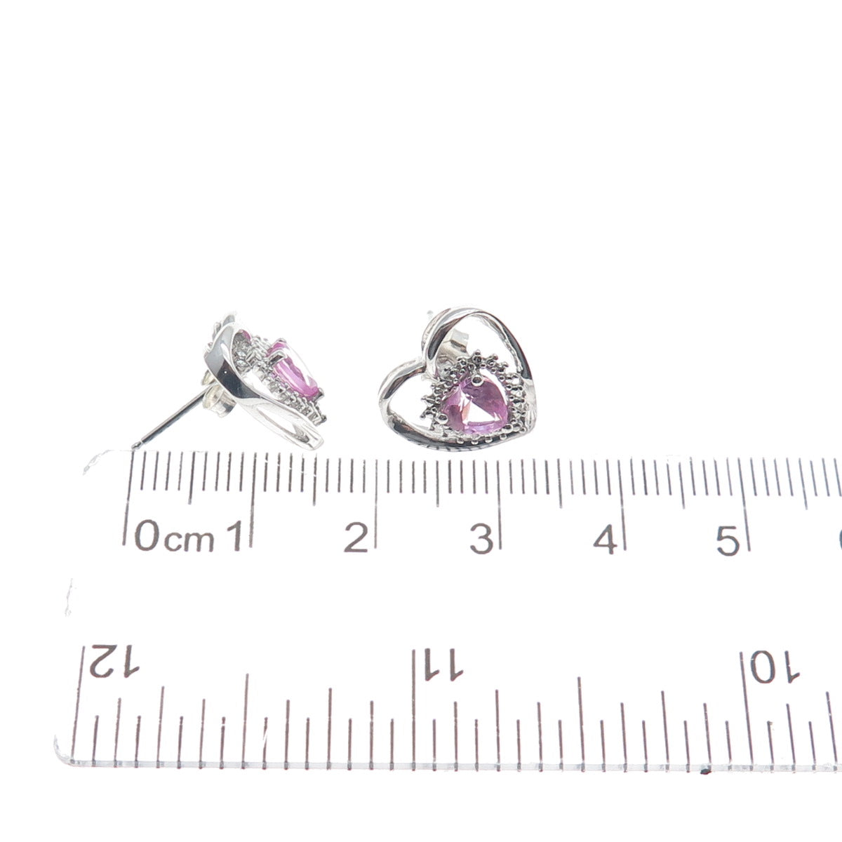 SUN 925 Sterling Silver Real Pink Sapphire Heart Stud Earrings