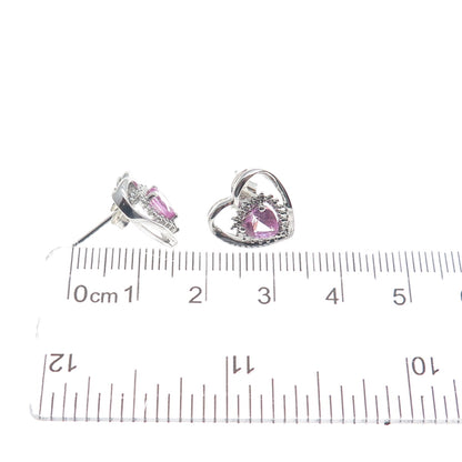 SUN 925 Sterling Silver Real Pink Sapphire Heart Stud Earrings