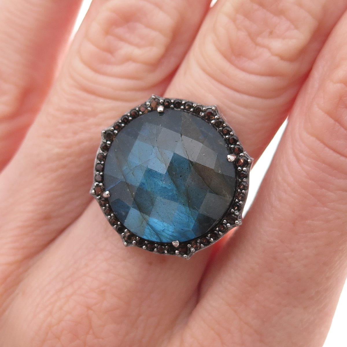 925 Sterling Silver Real Labradorite & Smoky Quartz Ring Size 6