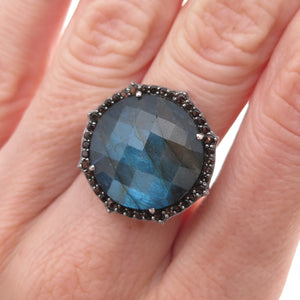 925 Sterling Silver Real Labradorite & Smoky Quartz Ring Size 6