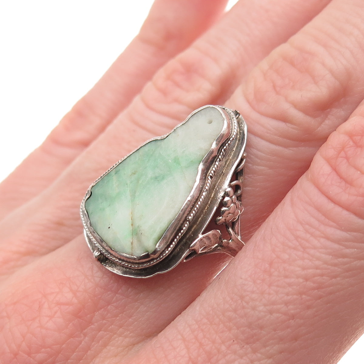 925 Sterling Silver Antique China Real Jade Carved Buddha Ring Size 8.25