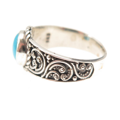 925 Sterling Silver Real Sleeping Beauty Turquoise Floral Oxidized Ring Size 8