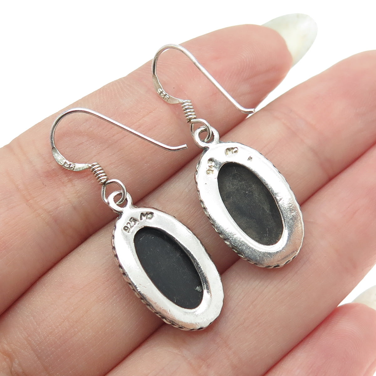 925 Sterling Silver Vintage Real Black Onyx Roped Dangling Earrings