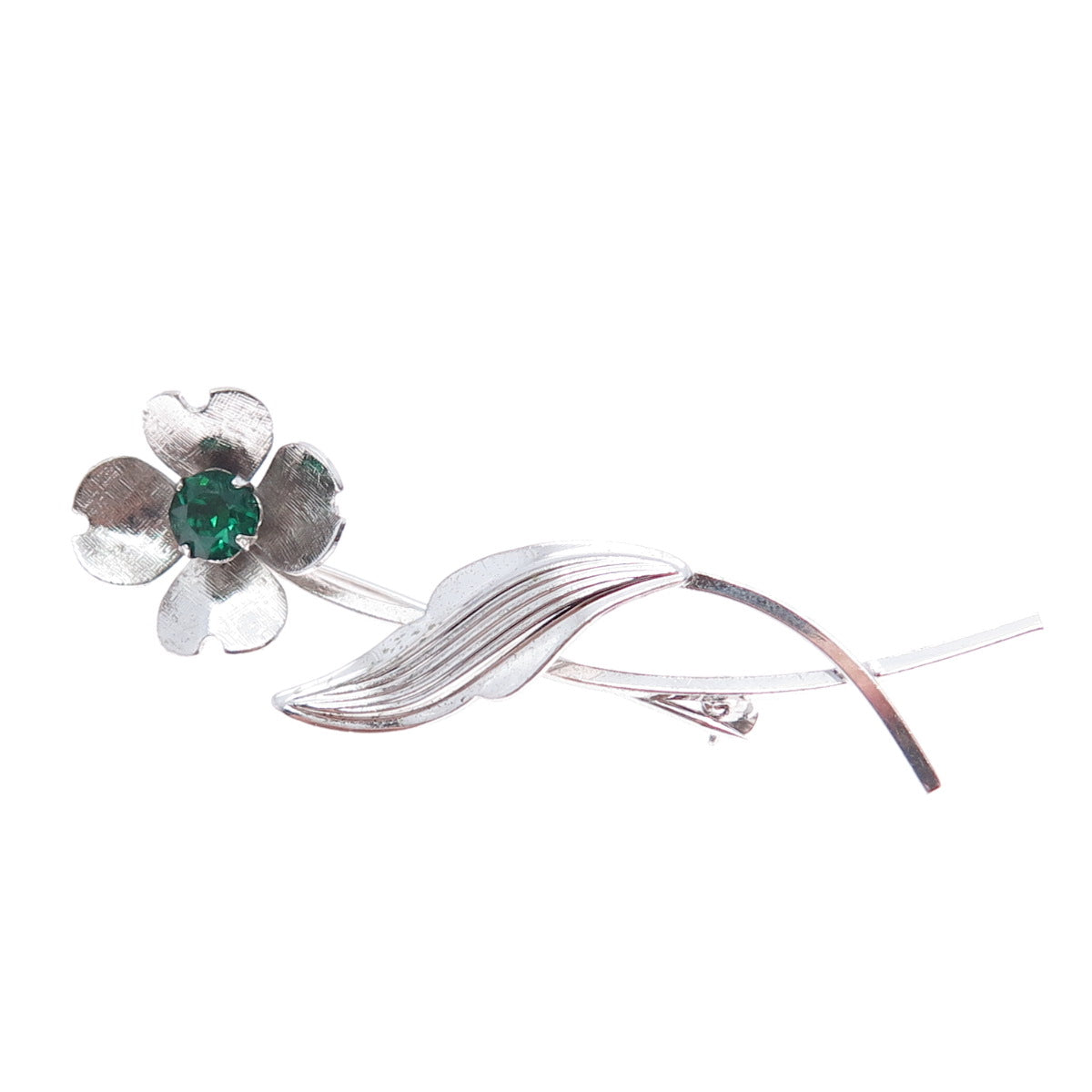 VAN DELL 925 Sterling Silver Vintage Green Rhinestone Flower Pin Brooch