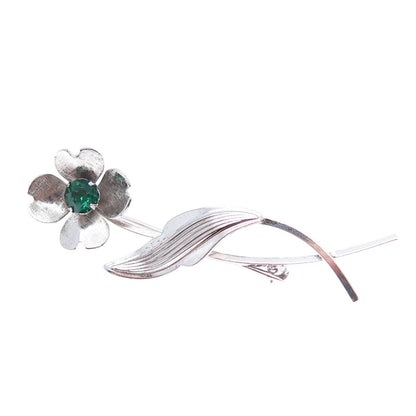 VAN DELL 925 Sterling Silver Vintage Green Rhinestone Flower Pin Brooch