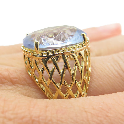 925 Sterling Silver Gold Plated Checkered Blue Crystal Cage Domed Ring Size 8.25