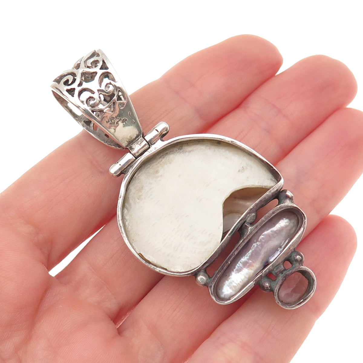 925 Sterling Silver Vintage Real MOP Baroque Pearl Blue Topaz Modernist Pendant