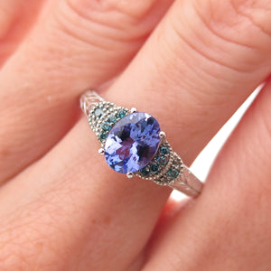 925 Sterling Silver Real Blue Diamond & Tanzanite Ring Size 8