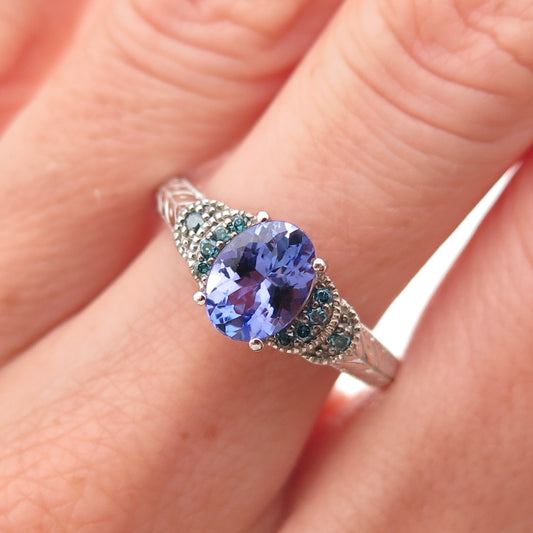 925 Sterling Silver Real Blue Diamond & Tanzanite Ring Size 8