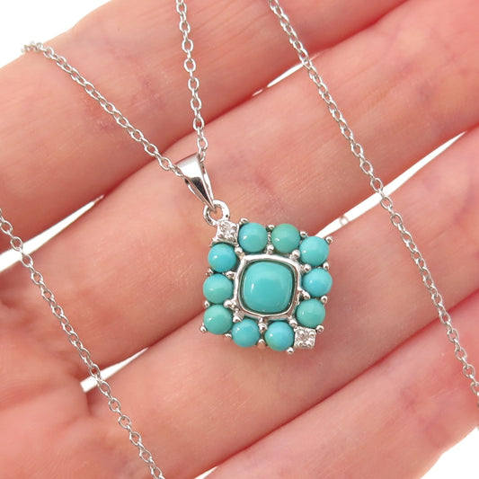 925 Sterling Silver Real Turquoise & White Topaz Cable Chain Necklace 18"