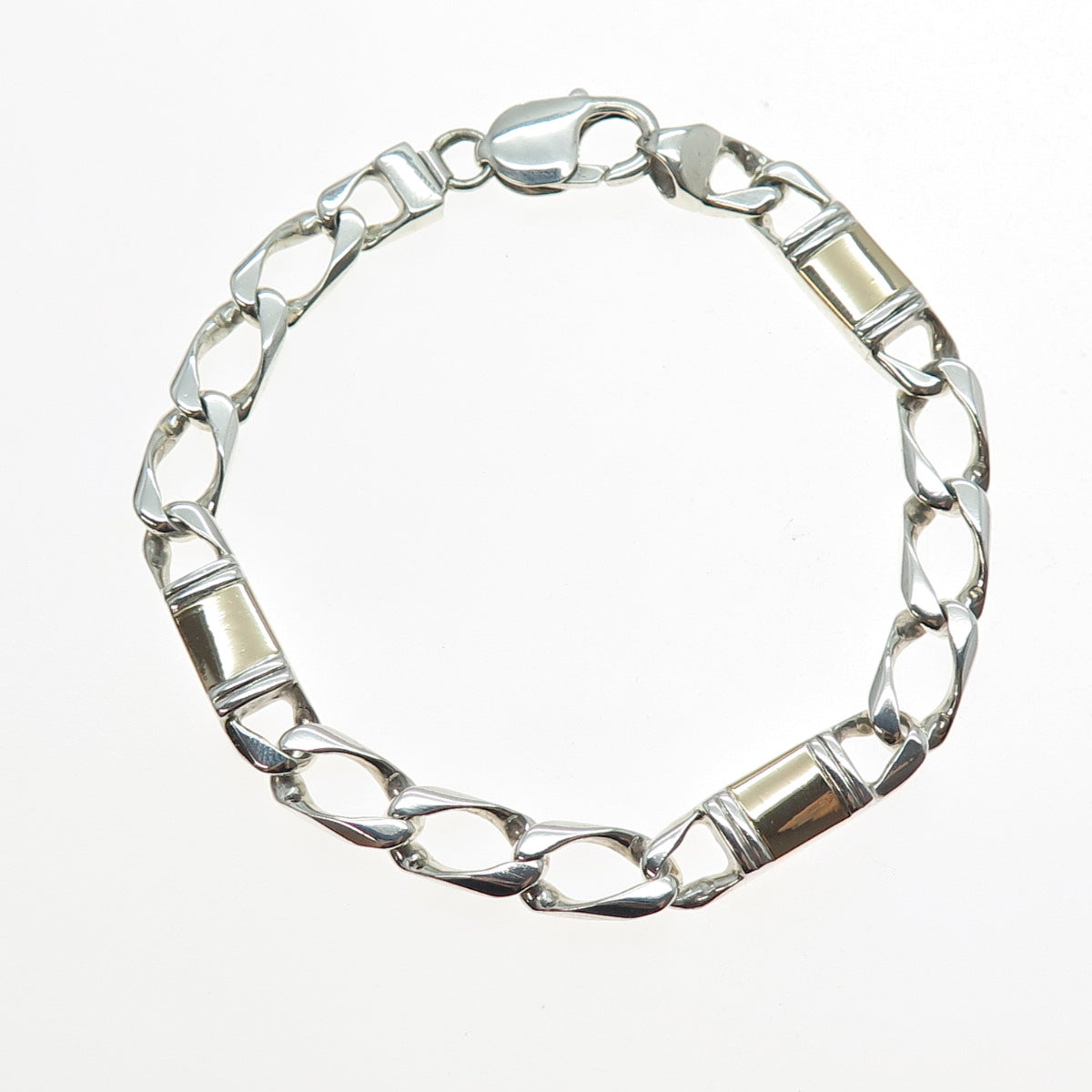 925 Sterling Silver 14K Gold Vintage Italy Anchor Curb Link Bracelet 8.25"