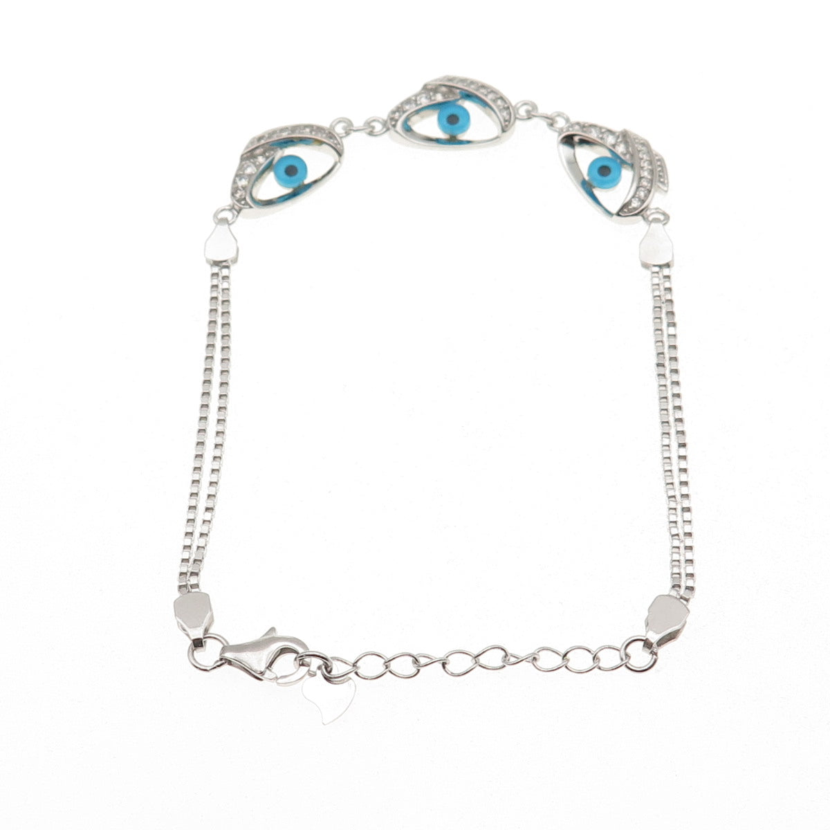 925 Sterling Silver Round-Cut C Z Evil's Eye Double Box Link Bracelet 7-8"