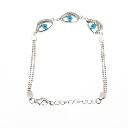 925 Sterling Silver Round-Cut C Z Evil's Eye Double Box Link Bracelet 7-8"