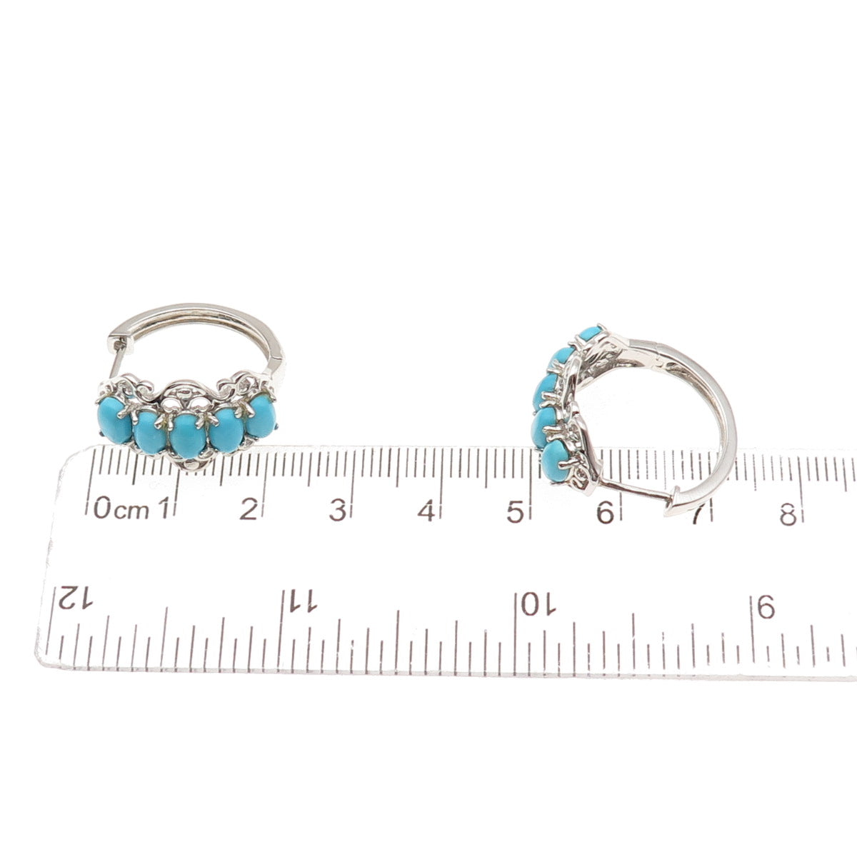 925 Sterling Silver Real Sleeping Beauty Turquoise Ornate Hoop Earrings