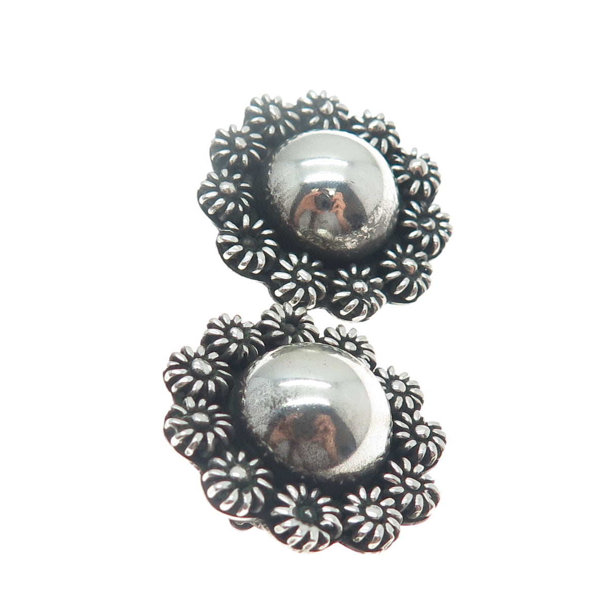 925 Sterling Silver Vintage Mexico Cannetille Floral Oxidized Clip On Earrings