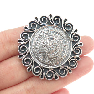 925 Sterling Silver Vintage Mexico Mayan Calendar Ornate Pin Brooch Pendant