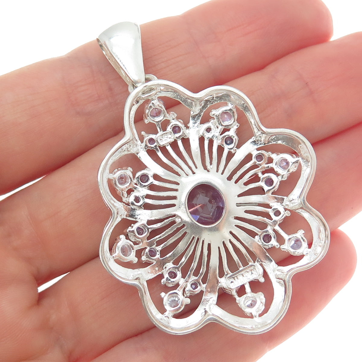 RIDER 950 Silver Vintage Real Amethyst Gemstone Floral Pendant