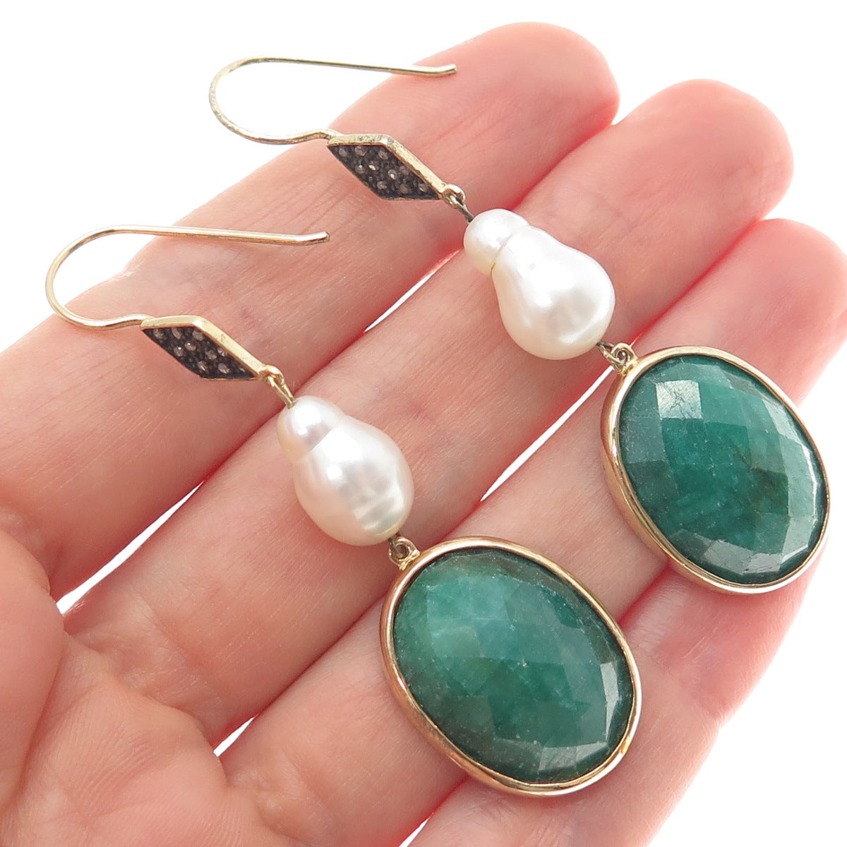 925 Sterling Silver Gold Plated Real Diamond Emerald & Pearl Dangle Earrings