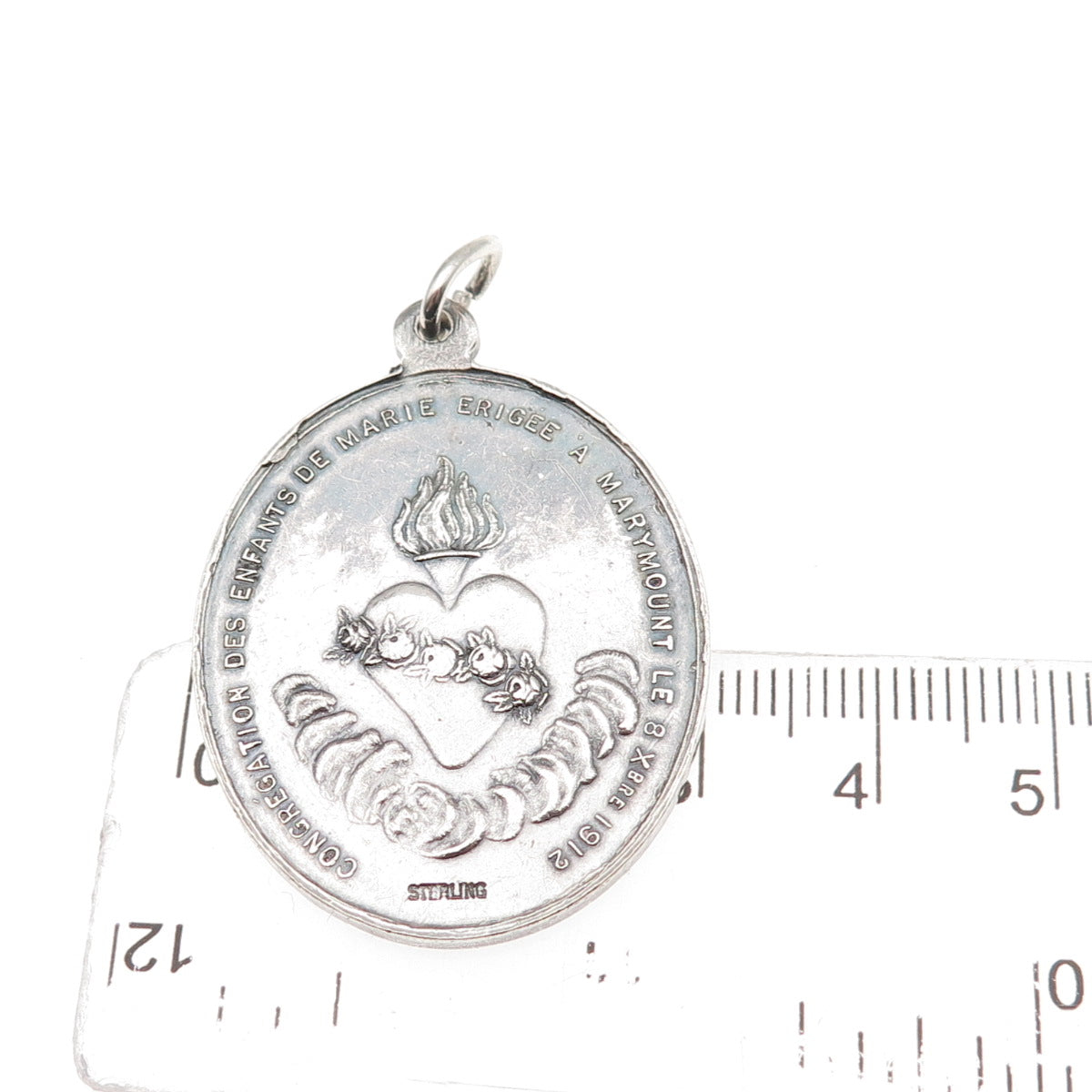 925 Sterling Silver Antique Art Deco St. Mary Religious Medal Oxidized Pendant