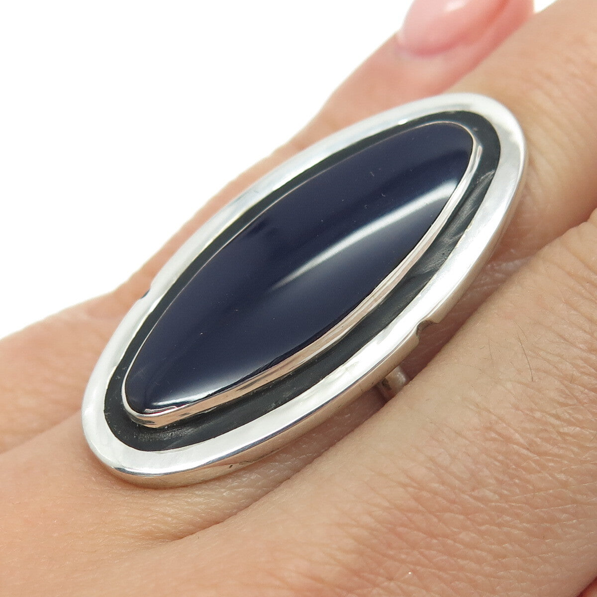 XIN ENGEL 925 Sterling Silver Vintage Real Blue Obsidian Modernist Ring Size 5