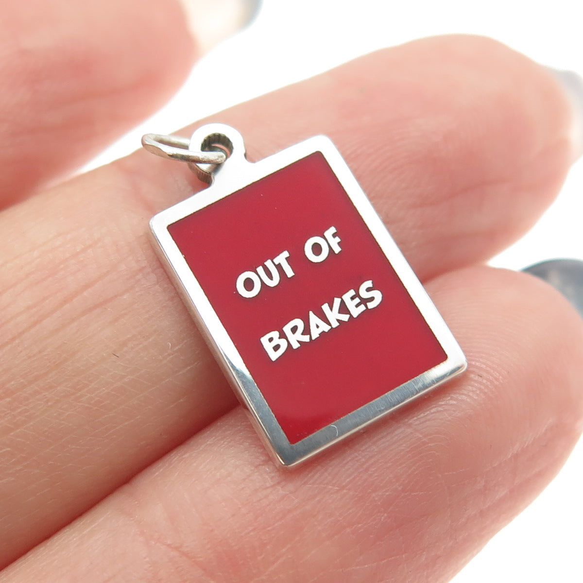 925 Sterling Silver Red Enamel "Out Of Brakes" Minimalist Charm Pendant