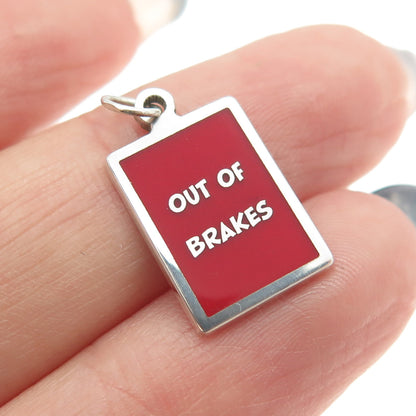 925 Sterling Silver Red Enamel "Out Of Brakes" Minimalist Charm Pendant