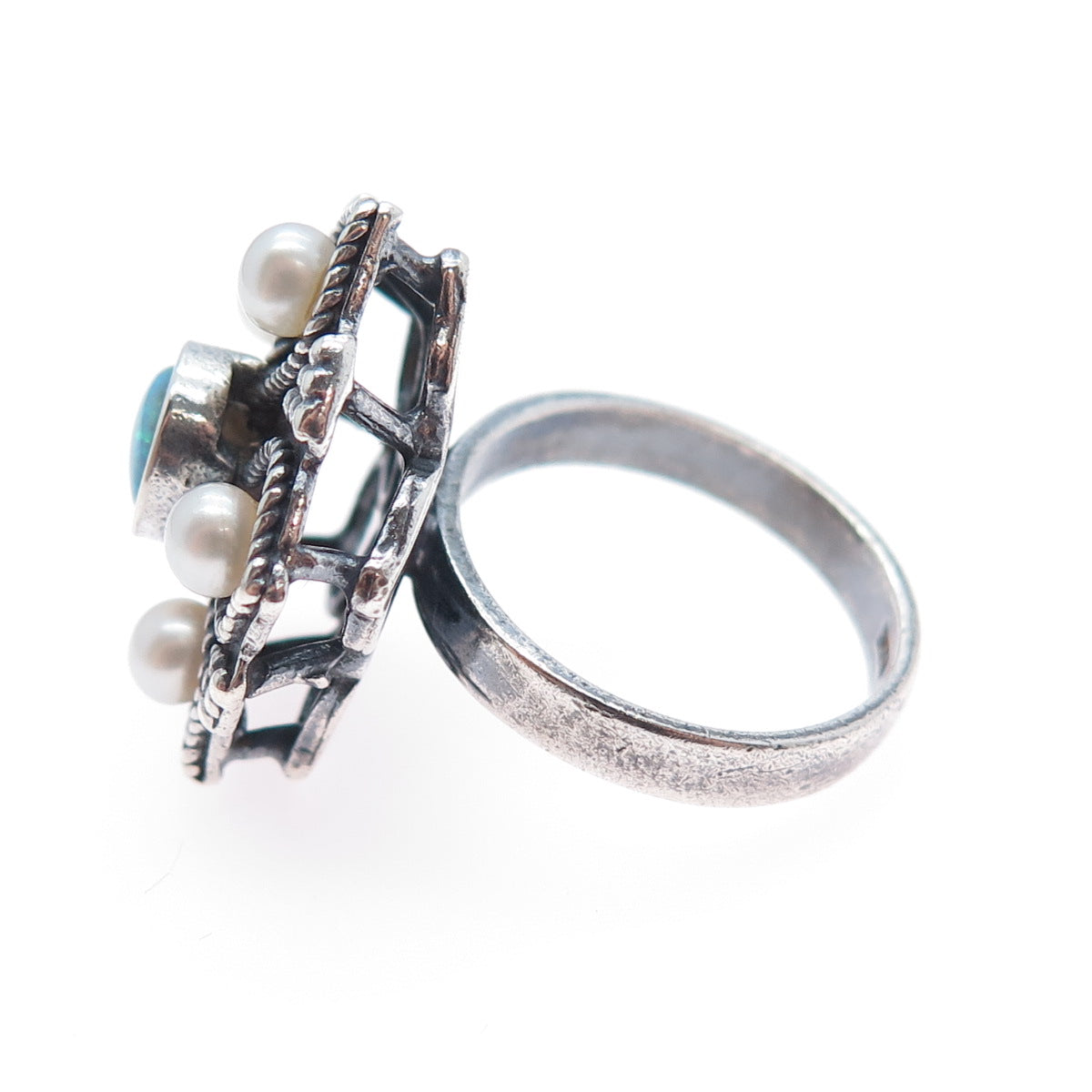 925 Sterling Silver Vintage Real Pearl & Opal Flower Oxidized Ring Size 7.25
