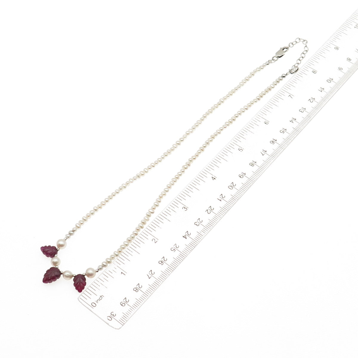 925 Sterling Silver Vintage Real Pearl & Ruby Floral Beaded Necklace 16-18"