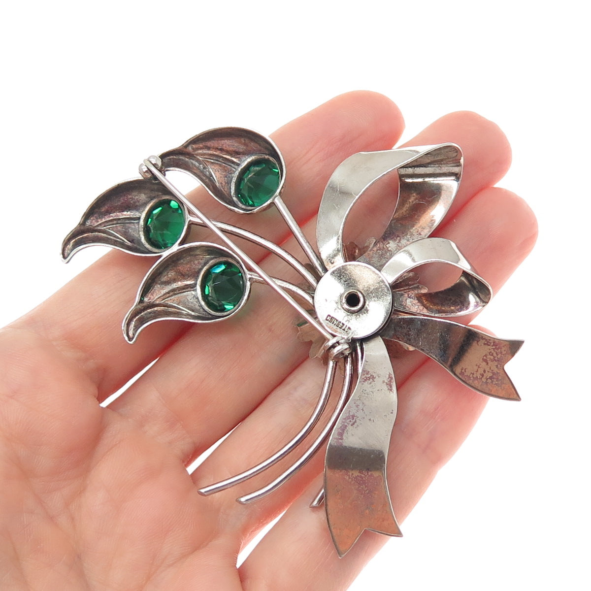 925 Sterling Silver Antique Art Deco Green Rhinestone Floral Leaf Bow Pin Brooch