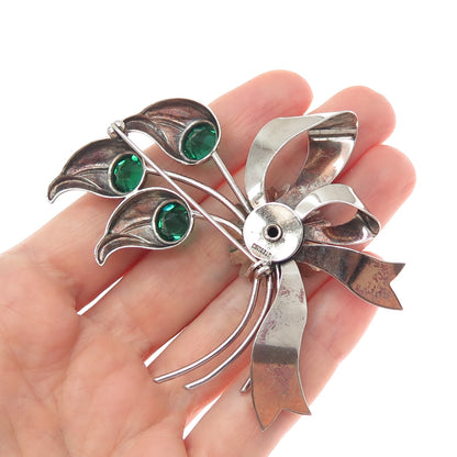 925 Sterling Silver Antique Art Deco Green Rhinestone Floral Leaf Bow Pin Brooch