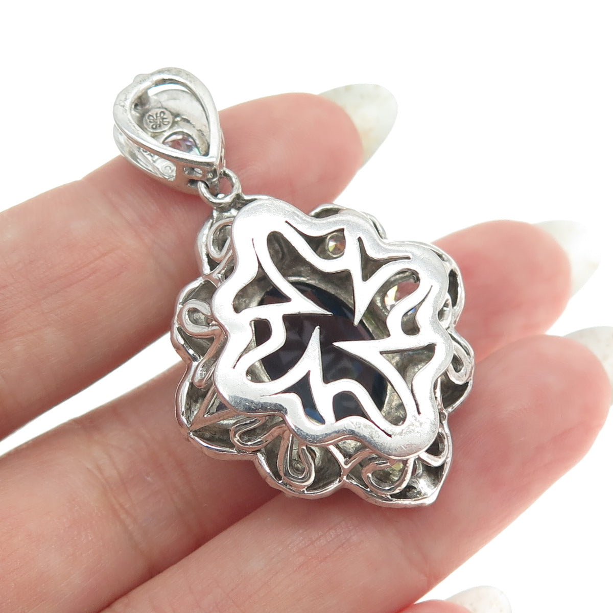 SAI 925 Sterling Silver Oval Round & Pear-Cut Blue White C Z Floral Pendant