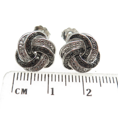 925 Sterling Silver Real Round-Cut Black & White Diamond Twisted Stud Earrings