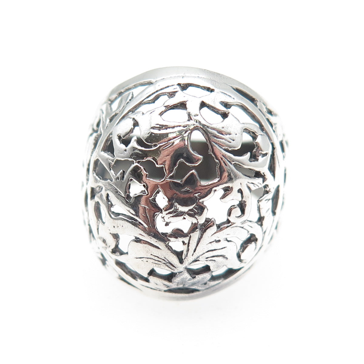 925 Sterling Silver Vintage Modernist Flower Dome Oxidized Ring Size 5.75