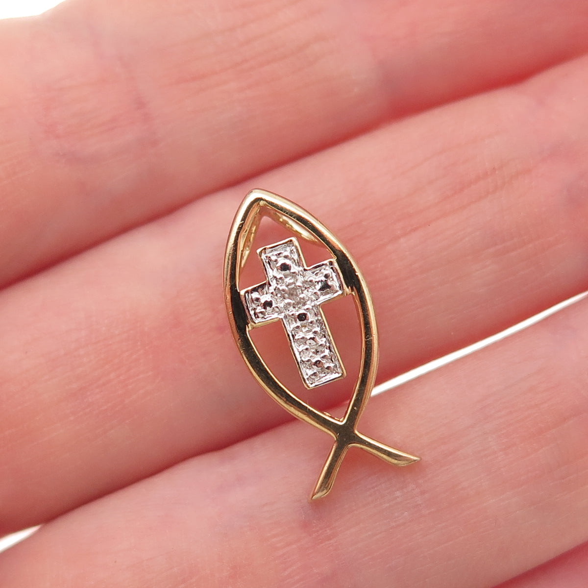 Ross Simons Sterling Silver Gold Plated Real Diamond Cross Ichthys Slide Pendant