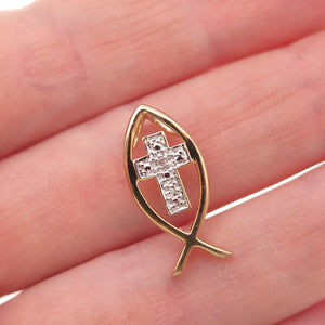 Ross Simons Sterling Silver Gold Plated Real Diamond Cross Ichthys Slide Pendant