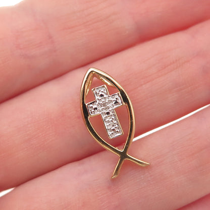Ross Simons Sterling Silver Gold Plated Real Diamond Cross Ichthys Slide Pendant