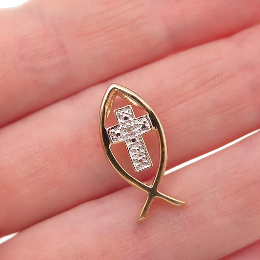 Ross Simons Sterling Silver Gold Plated Real Diamond Cross Ichthys Slide Pendant