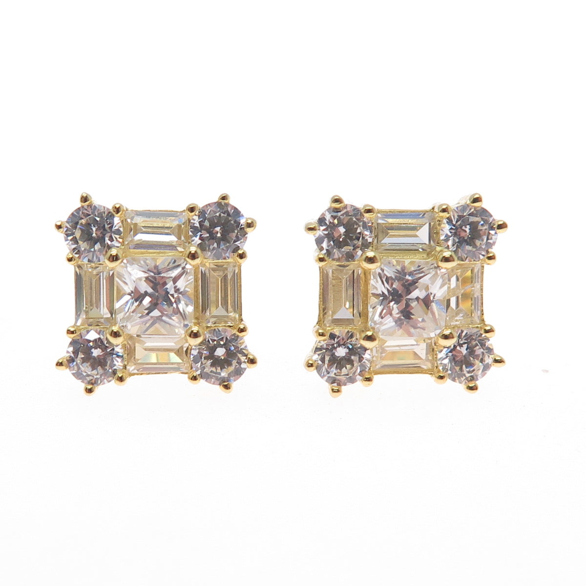 925 Sterling Silver Gold Plated Princess Emerald & Round-Cut C Z Stud Earrings