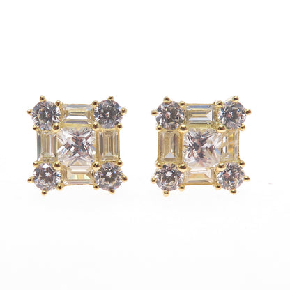 925 Sterling Silver Gold Plated Princess Emerald & Round-Cut C Z Stud Earrings