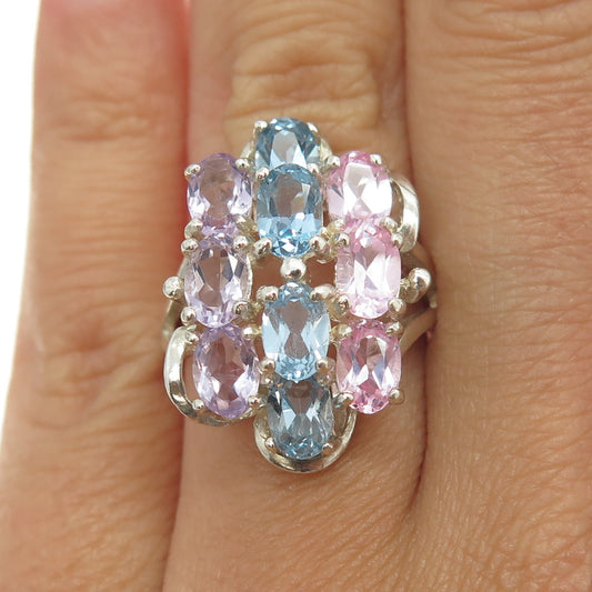 925 Sterling Silver Real Lavender & Pink Amethyst Blue Topaz Gem Ring Size 6.25