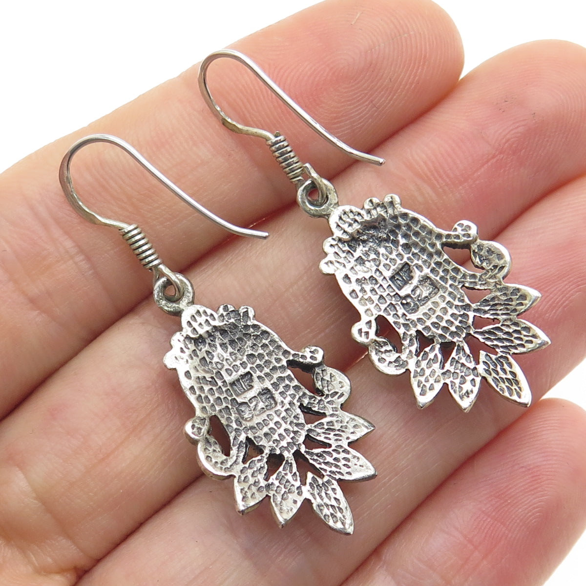 CHAPAL ZENRAY Sterling Silver Vintage Real MOP Floral Oxidized Dangle Earrings