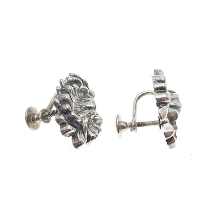 JEWELART Sterling Silver Antique Art Deco Flower Oxidized Screw Back Earrings