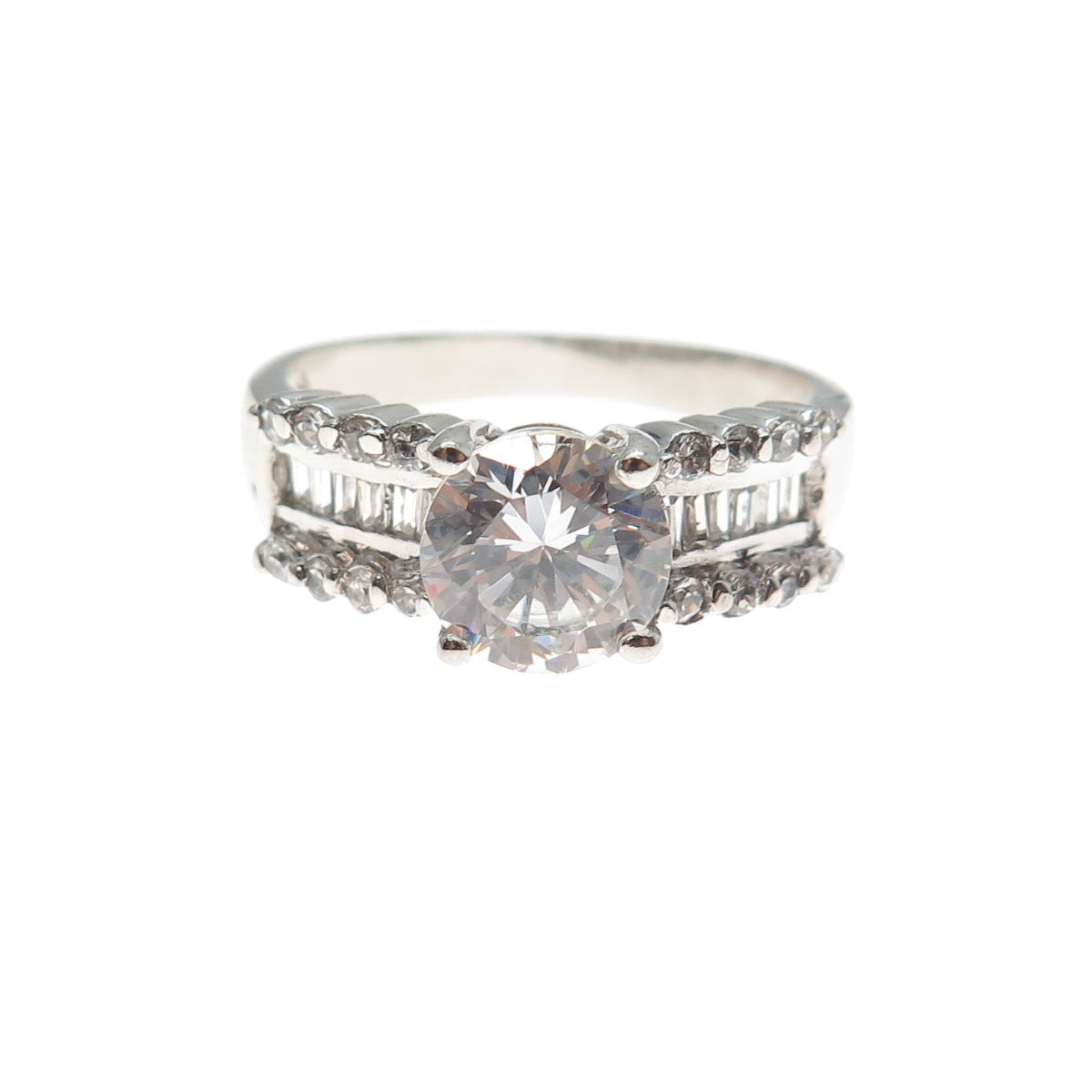 925 Sterling Silver Vintage Round & Emerald-Cut C Z Engagement Ring Size 8