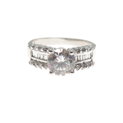 925 Sterling Silver Vintage Round & Emerald-Cut C Z Engagement Ring Size 8